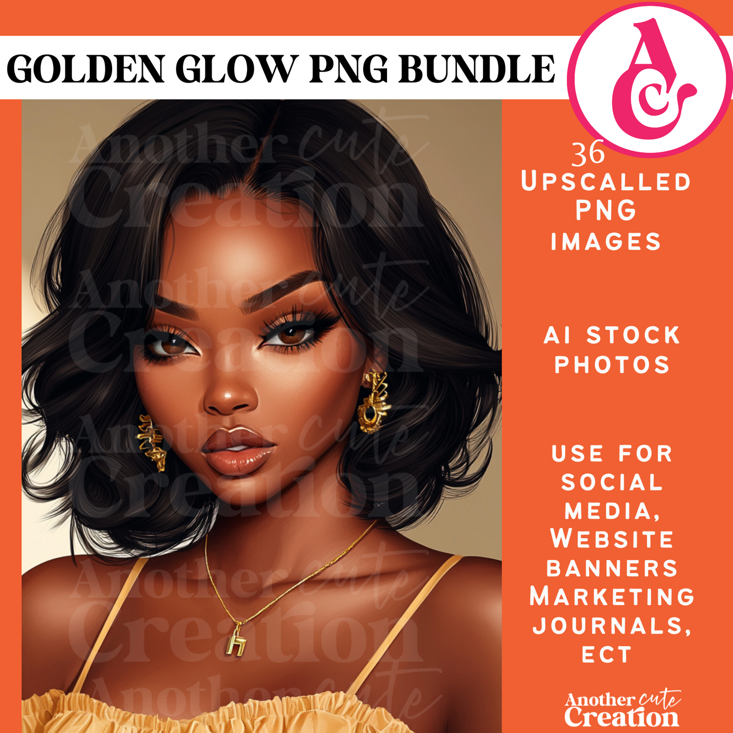 Golden Glow PNG Collection – 36 Melanin Glam Stock Images I Aesthetic Black Women Photography I AI Model