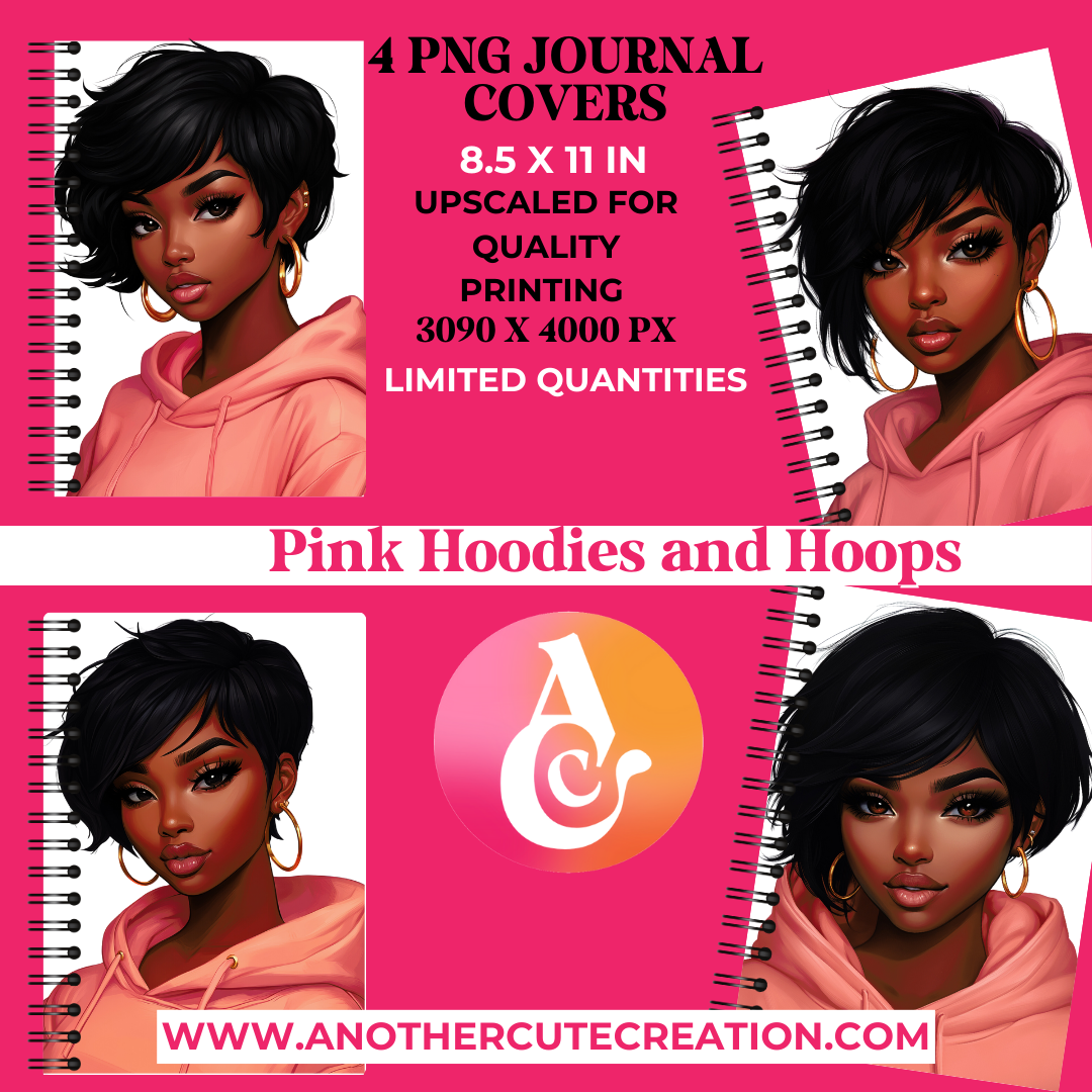 * LIMITED QUANTITIES * Pink Hoodies and Hoops Journal Covers with PLR Rights | 4 Exclusive PNG Designs + 100 Lined Paper PDF | Digital Download